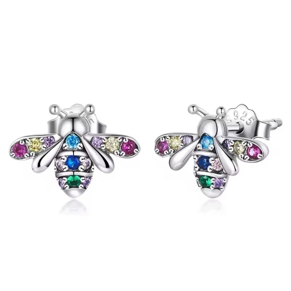 925 Sterling Silver Bohemian Rainbow Zircon Bumblebee Honey Bee Stud Earrings - Picture 3 of 6